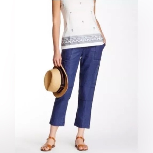 TOMMY BAHAMA 14 Larch Indigo Blue 100% Linen Cropped Cargo Pants Zipper Pockets - Picture 1 of 13